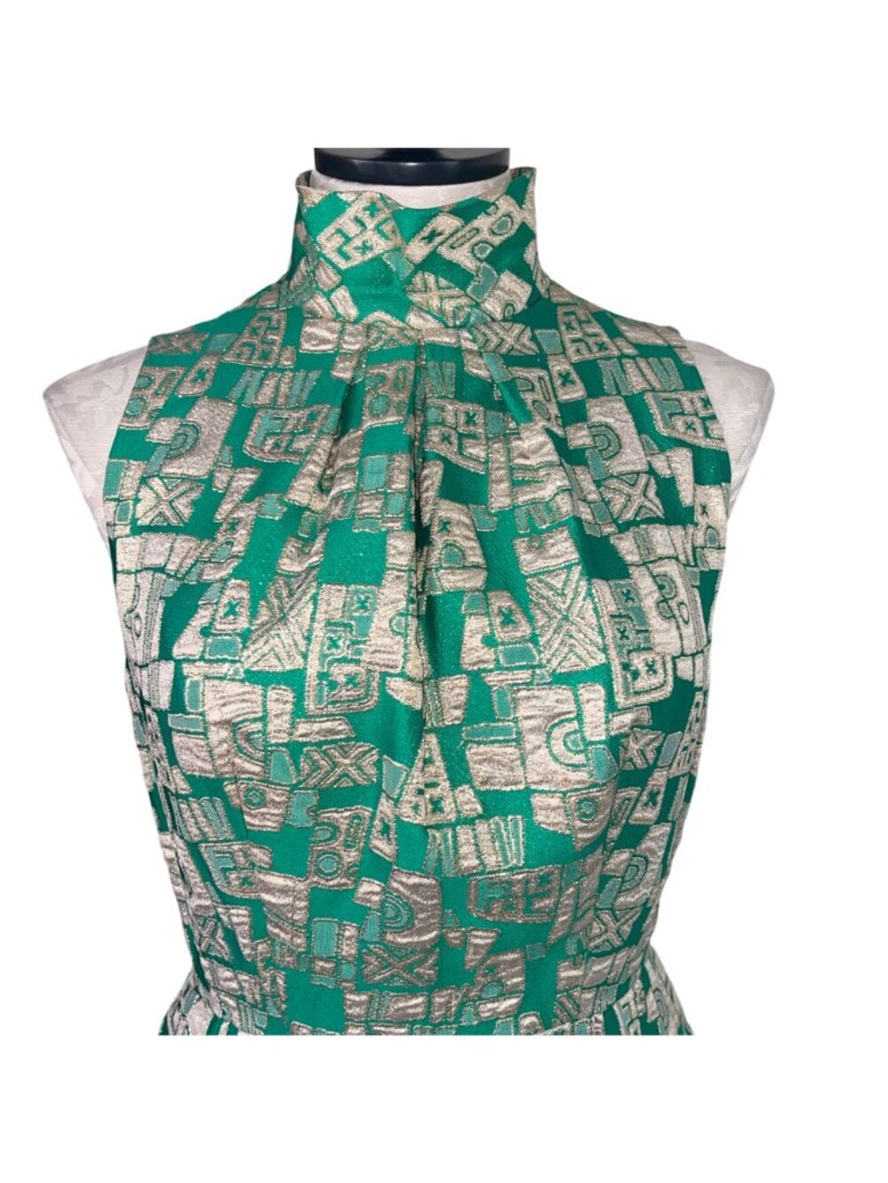 Vintage Womens Pleated Maxi Dress Size Small Green Gold Geometric Print Casual - Picture 4 of 16